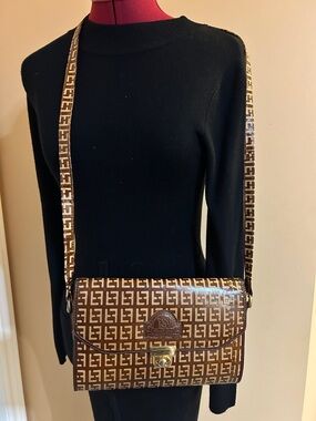 Brown and Cream Leather Patterned Crossbody Bag with Gold-Tone Lock